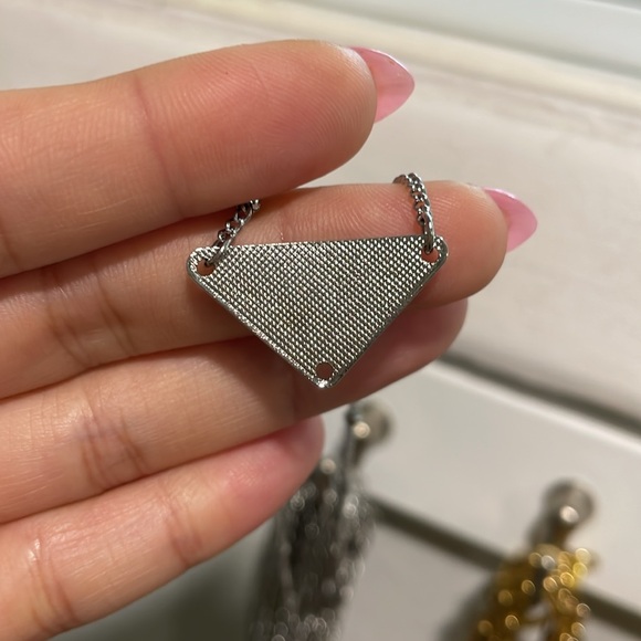 Upcycled Nude & Silver Triangle Plate Satellite Chain Necklace - Picture 4 of 4